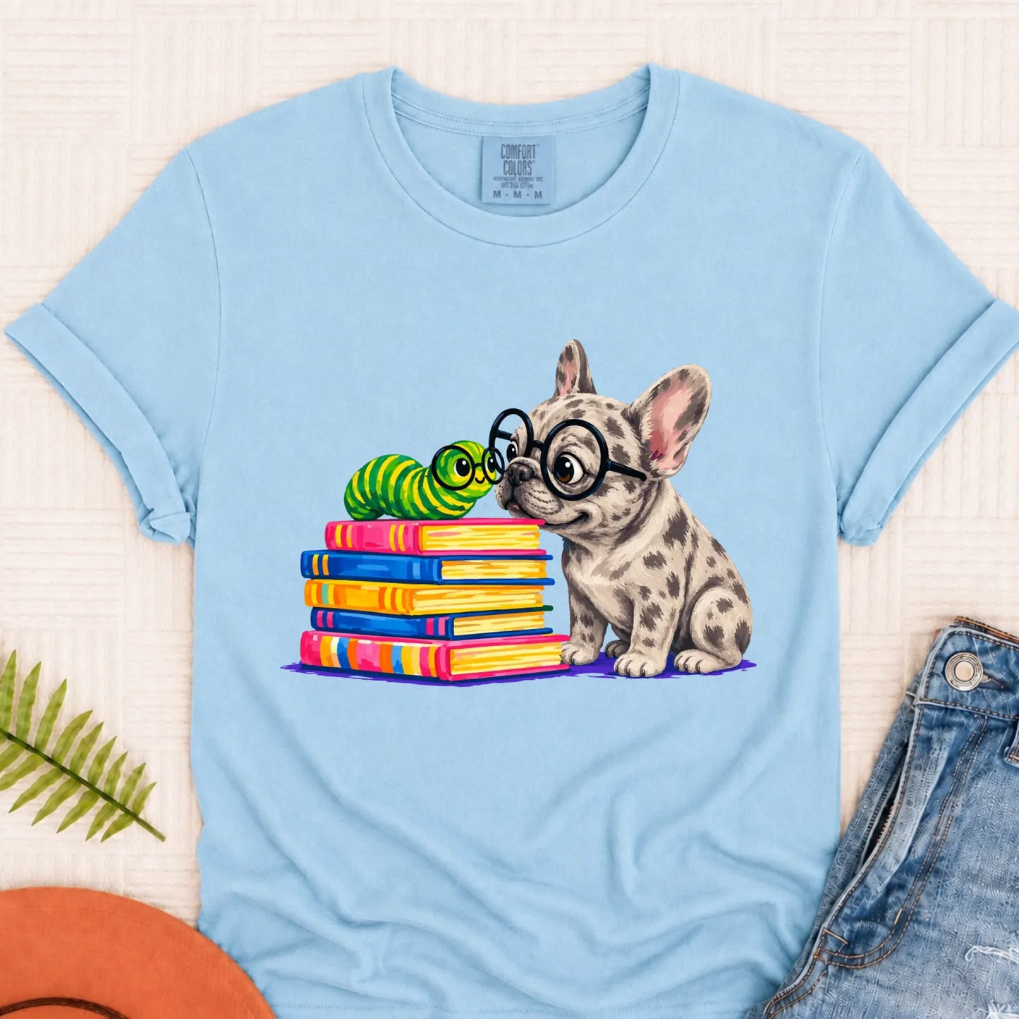 Custom Frenchie Bookworm Teacher Unisex Tshirt Chambray