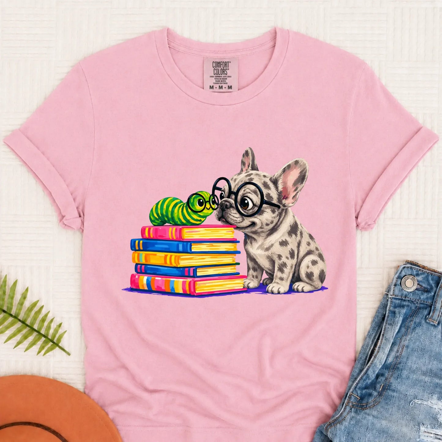 Custom Frenchie Bookworm Teacher Unisex Tshirt Blossom