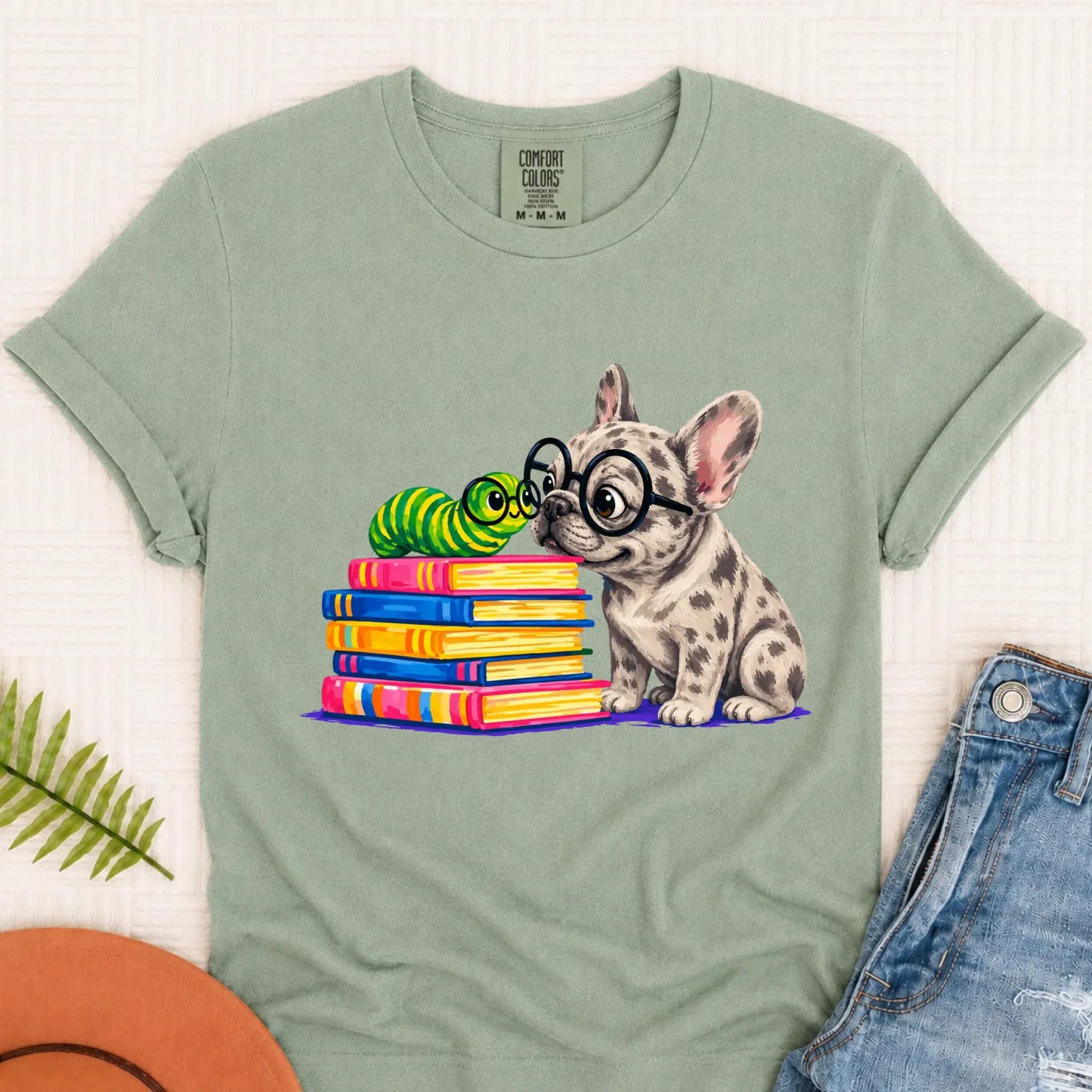 Custom Frenchie Bookworm Teacher Unisex Tshirt Bay