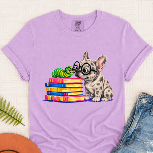 Custom Frenchie Bookworm Teacher Unisex Tshirt Orchid
