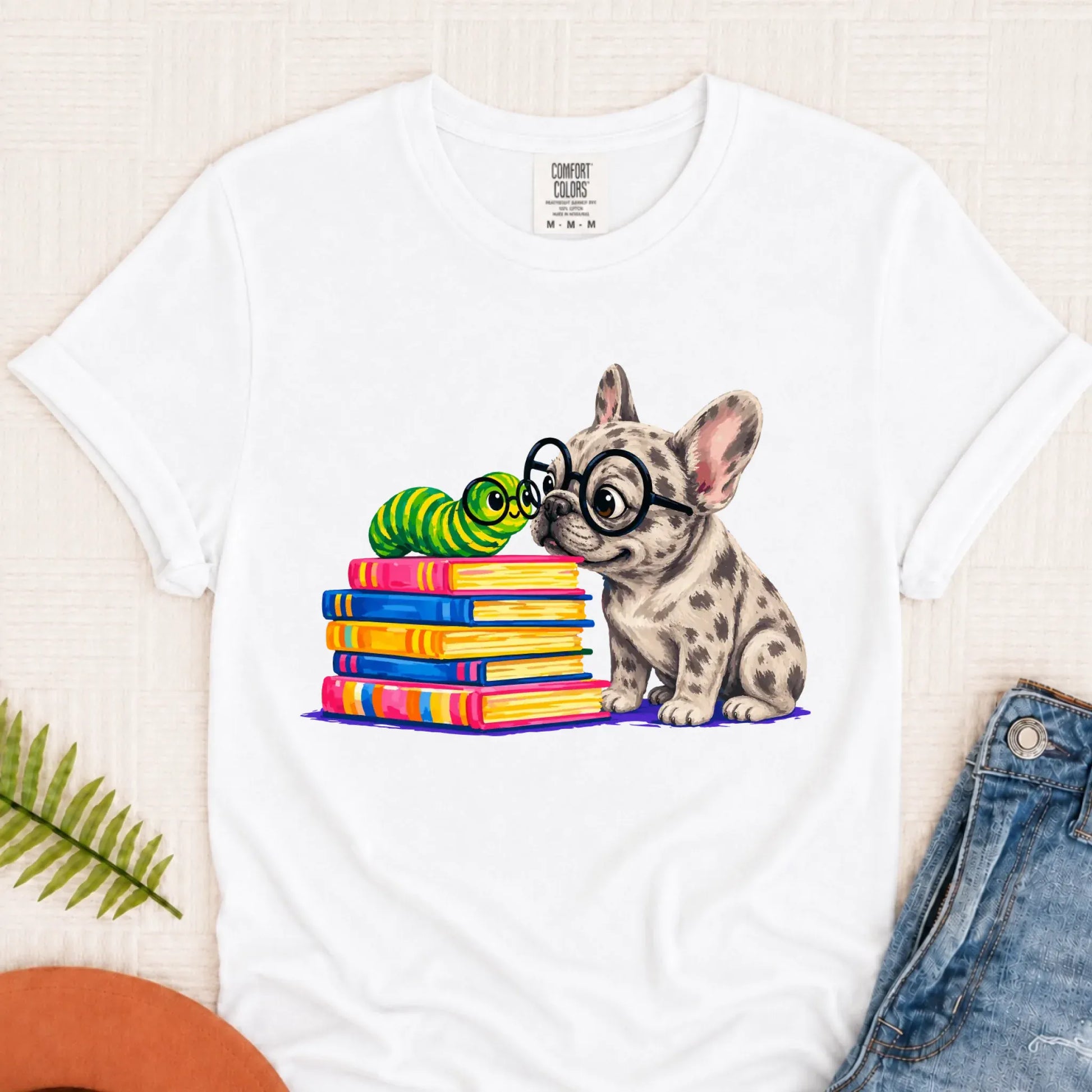 Custom Frenchie Bookworm Teacher Unisex Tshirt White