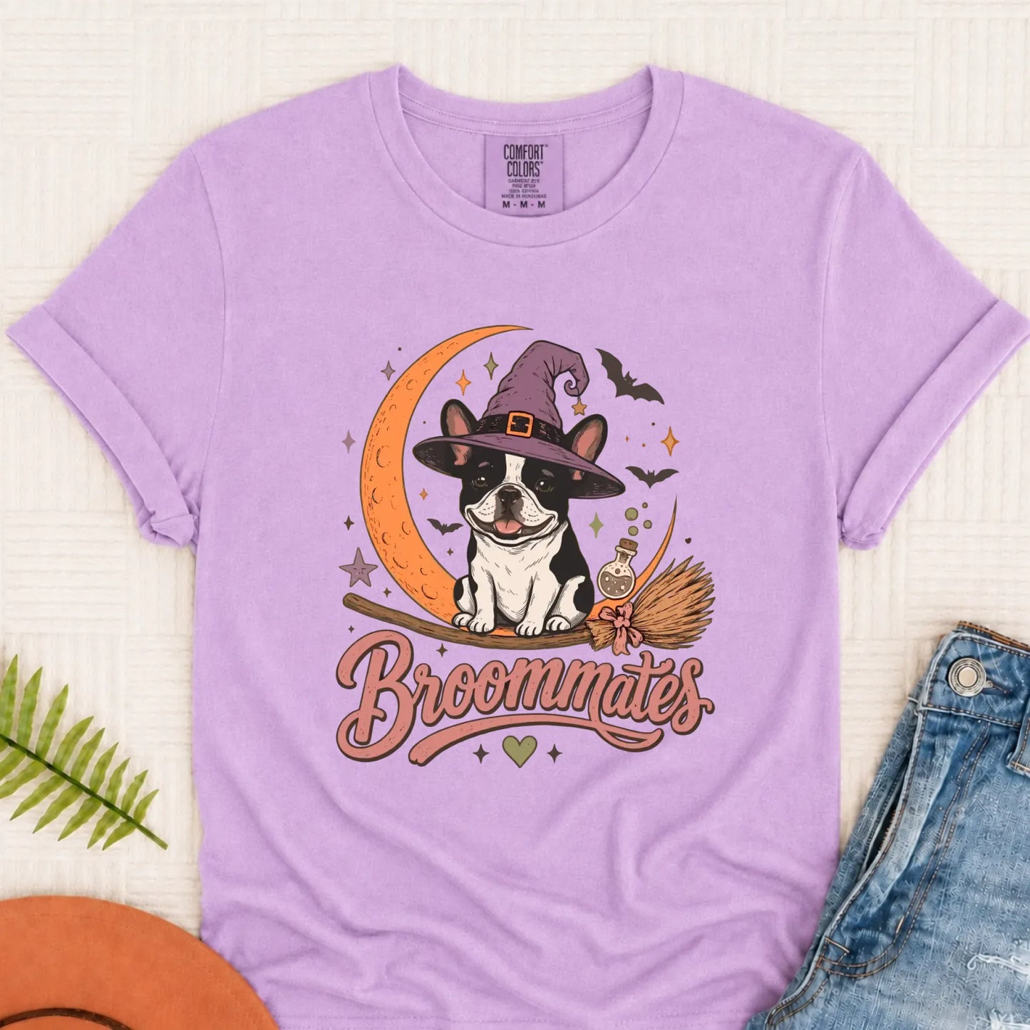 Custom Frenchie Broommates Halloween Unisex Tshirt Orchid