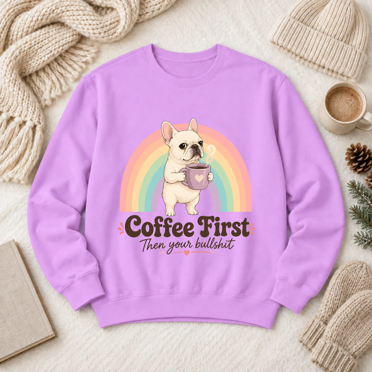 Custom Frenchie Bulldog Coffee First Unisex Sweatshirt Neon Violet