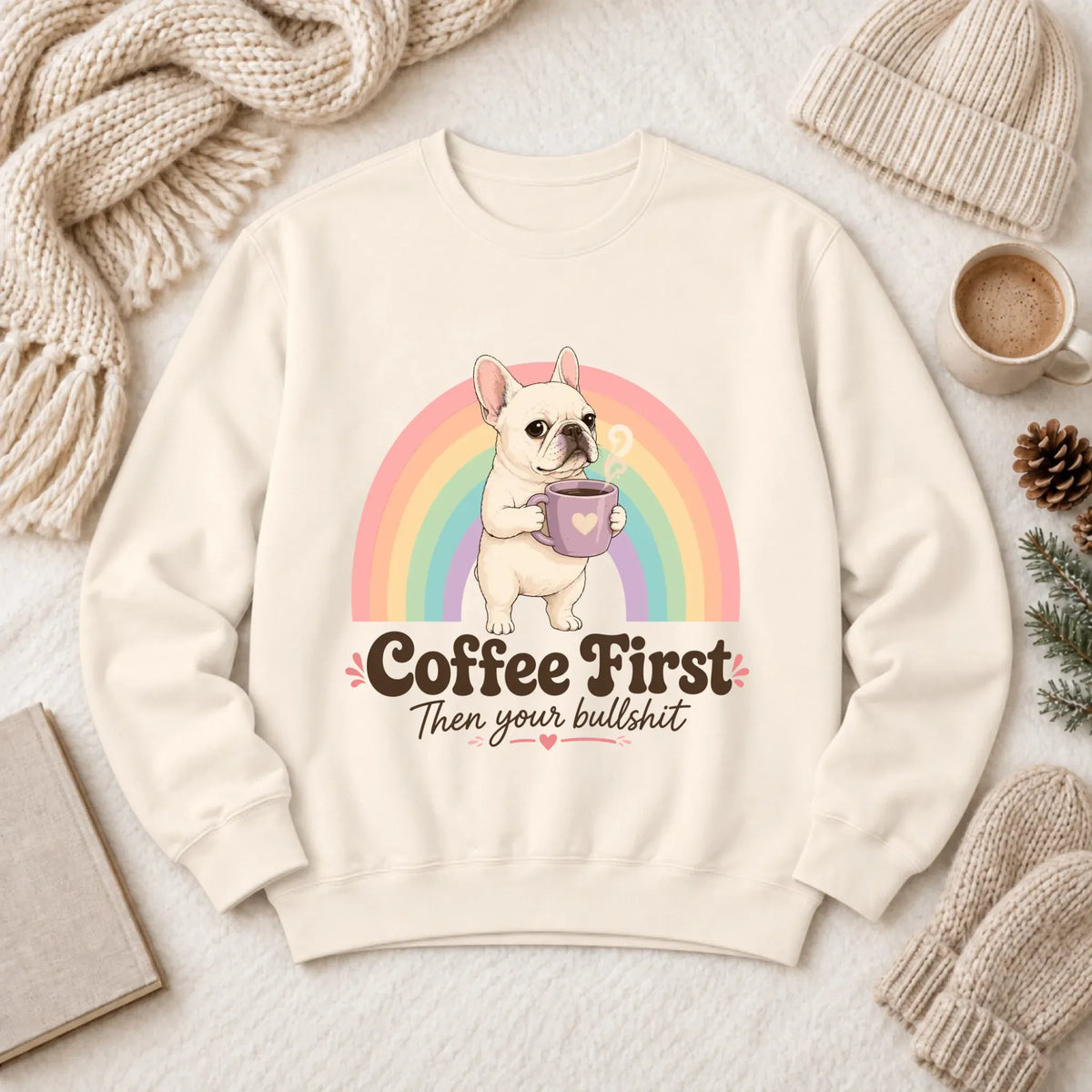 Custom Frenchie Bulldog Coffee First Unisex Sweatshirt Ivory