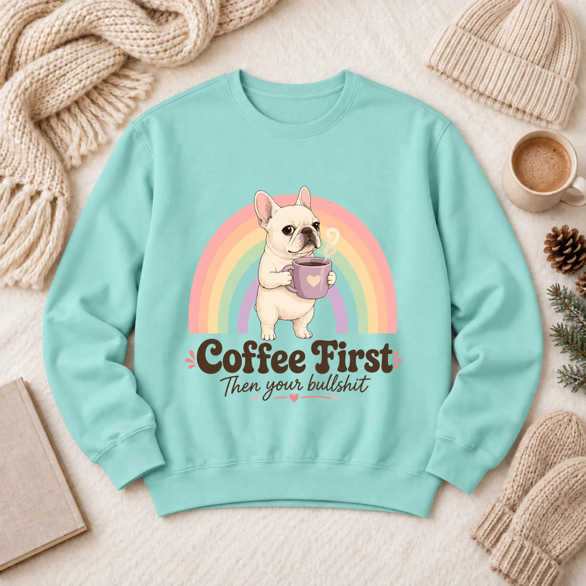Custom Frenchie Bulldog Coffee First Unisex Sweatshirt Chalky Mint