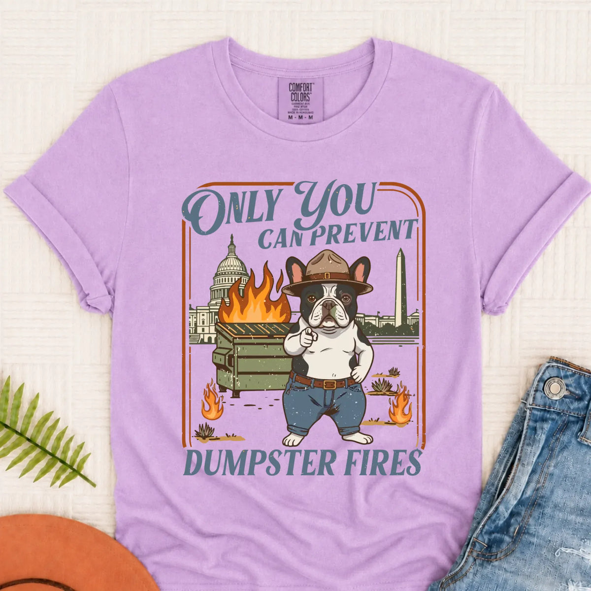 Custom Frenchie Bulldog Dumpster Fires Unisex Tshirt Orchid