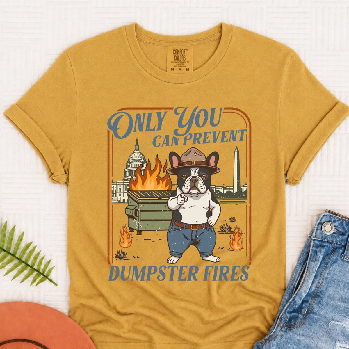 Custom Frenchie Bulldog Dumpster Fires Unisex Tshirt Mustard