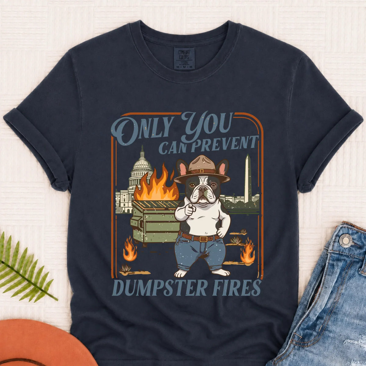 Custom Frenchie Bulldog Dumpster Fires Unisex Tshirt Navy