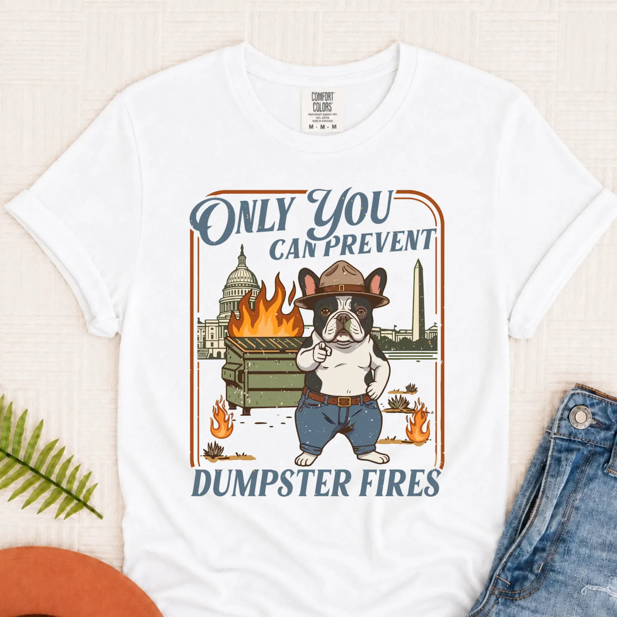 Custom Frenchie Bulldog Dumpster Fires Unisex Tshirt White