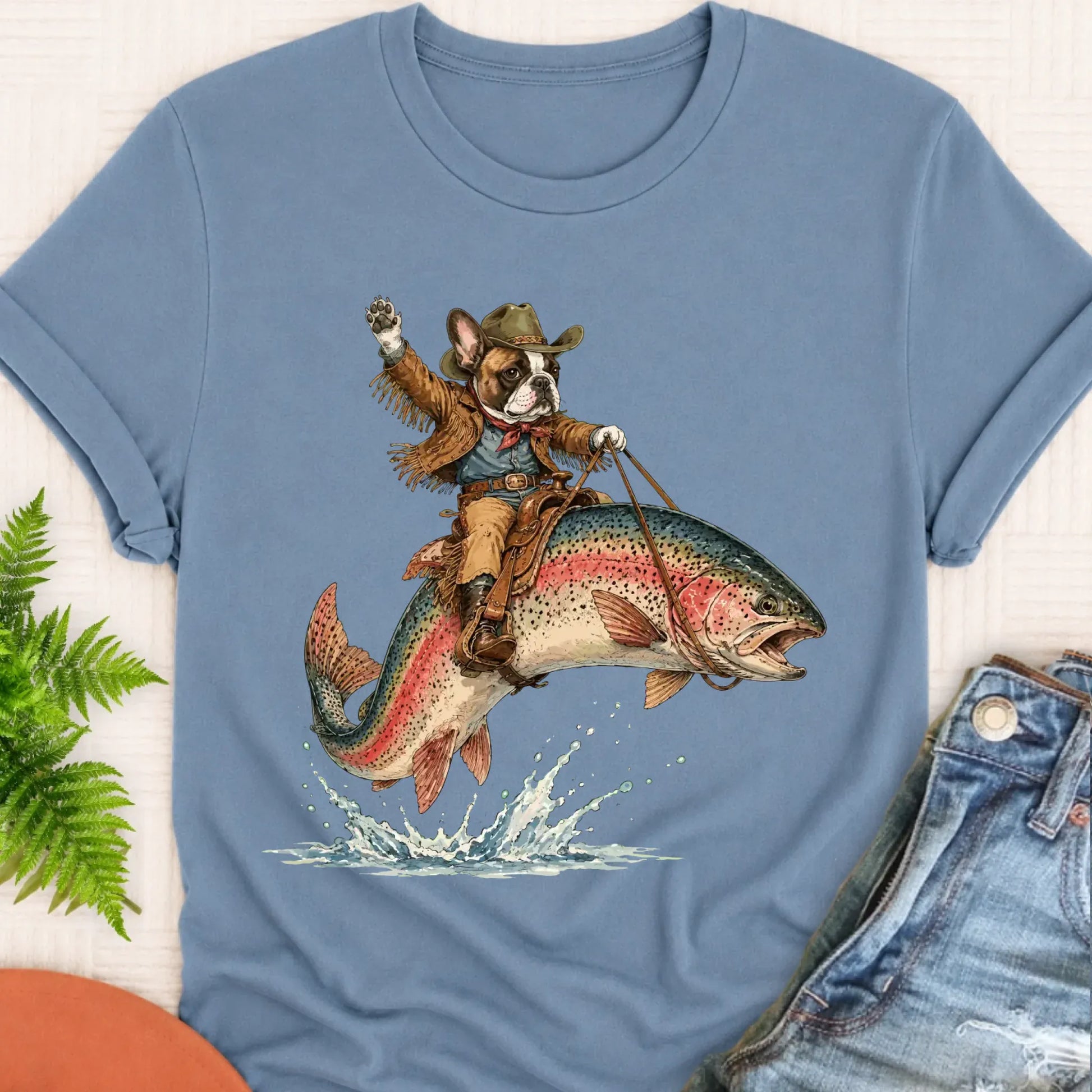 T-Shirt Blue Jean / S Custom Frenchie Bulldog Fishing Unisex Tshirt