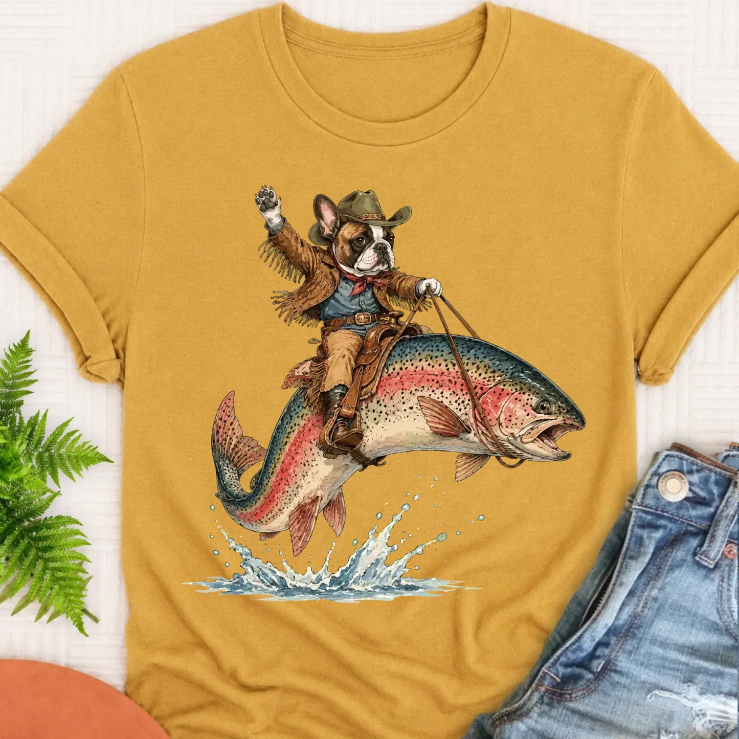 T-Shirt Mustard / S Custom Frenchie Bulldog Fishing Unisex Tshirt