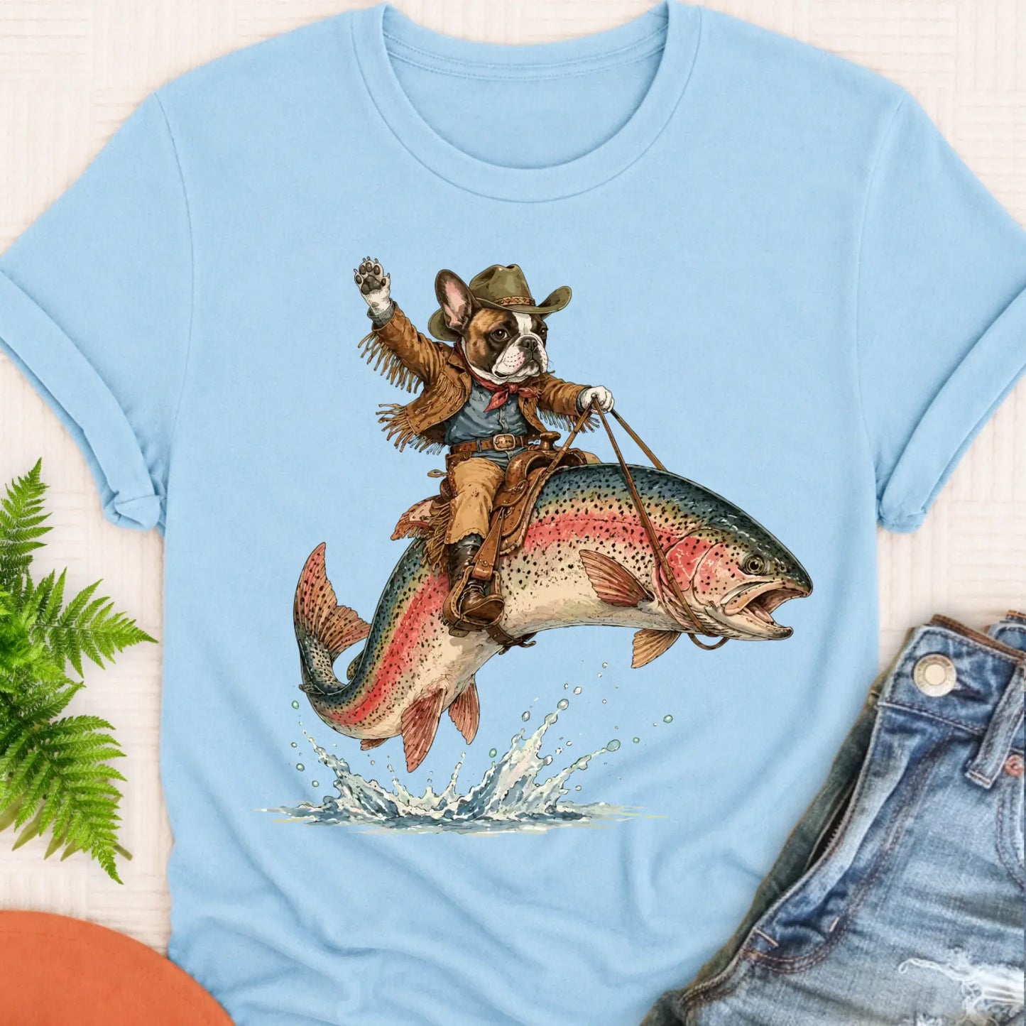 T-Shirt Chambray / S Custom Frenchie Bulldog Fishing Unisex Tshirt