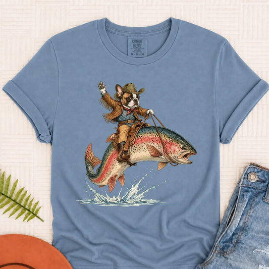 Custom Frenchie Bulldog Fishing Unisex Tshirt Blue Jean