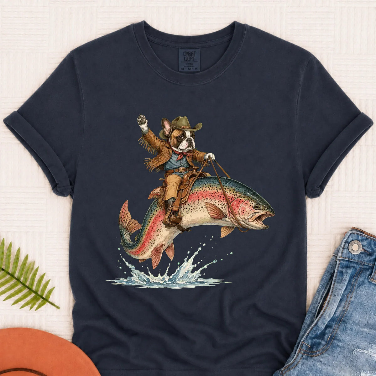 Custom Frenchie Bulldog Fishing Unisex Tshirt Navy