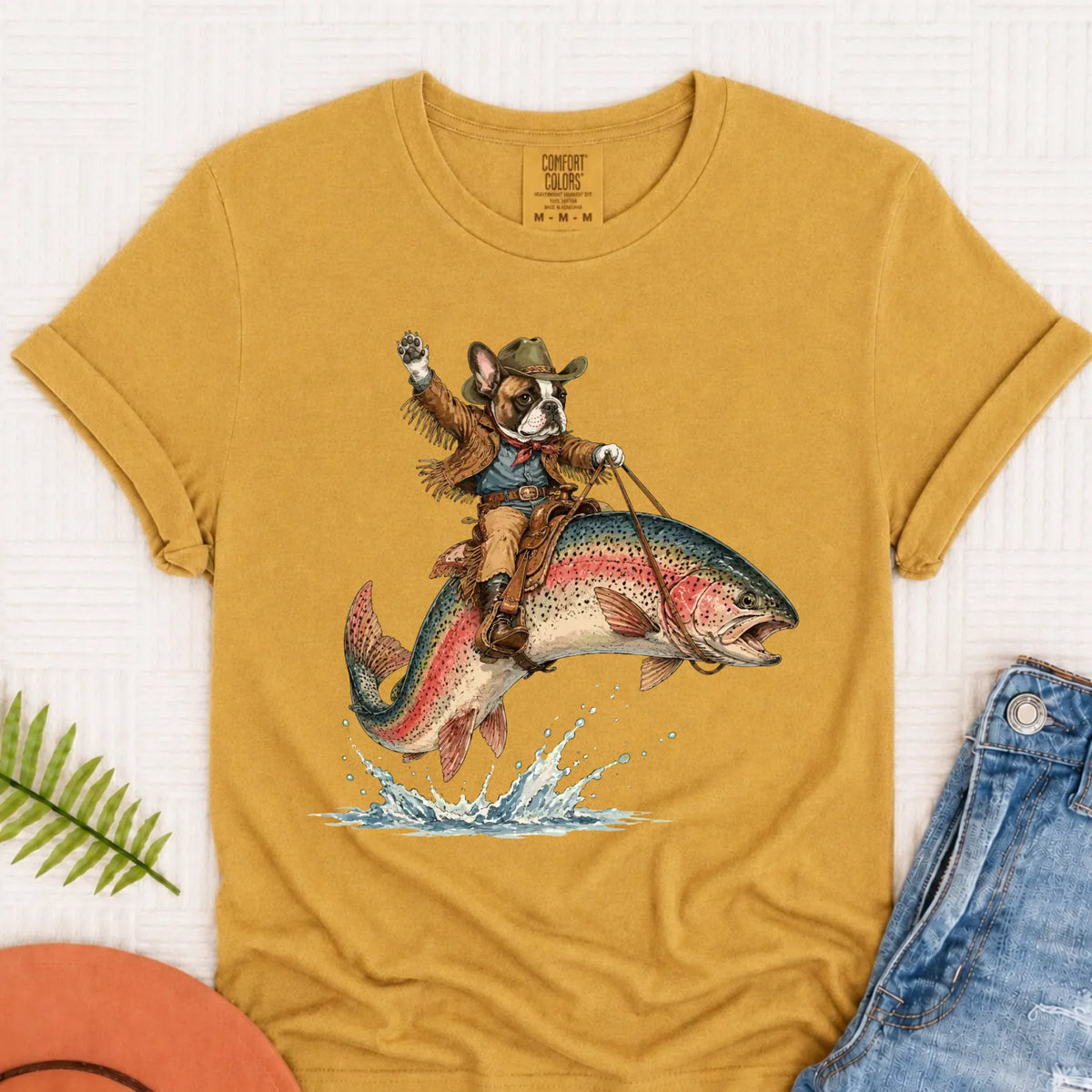 Custom Frenchie Bulldog Fishing Unisex Tshirt Mustard