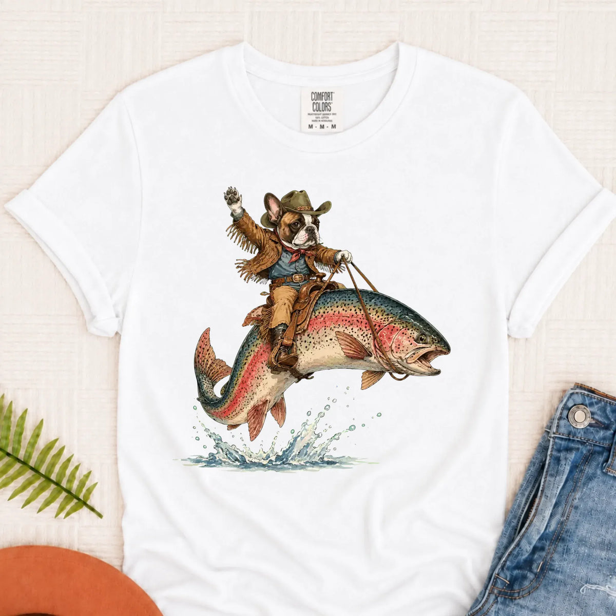 Custom Frenchie Bulldog Fishing Unisex Tshirt White