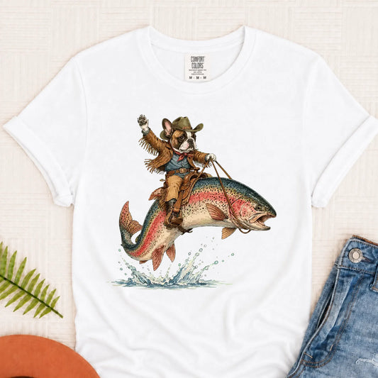 Custom Frenchie Bulldog Fishing Unisex Tshirt White