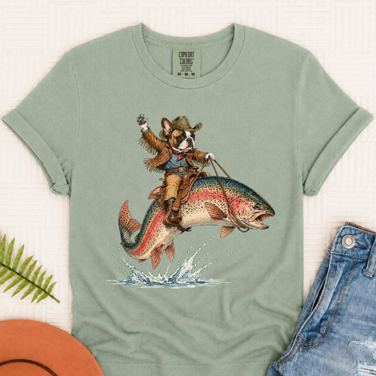 Custom Frenchie Bulldog Fishing Unisex Tshirt Bay