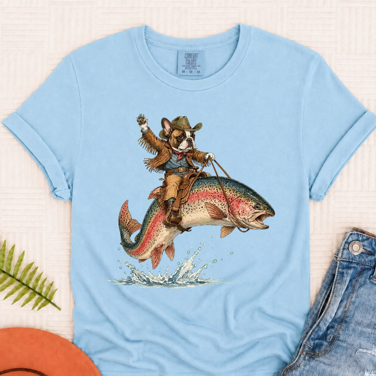 Custom Frenchie Bulldog Fishing Unisex Tshirt Chambray