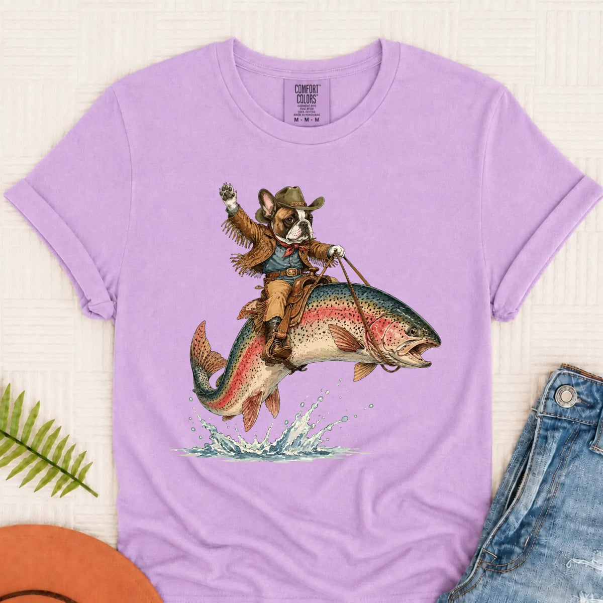 Custom Frenchie Bulldog Fishing Unisex Tshirt Orchid