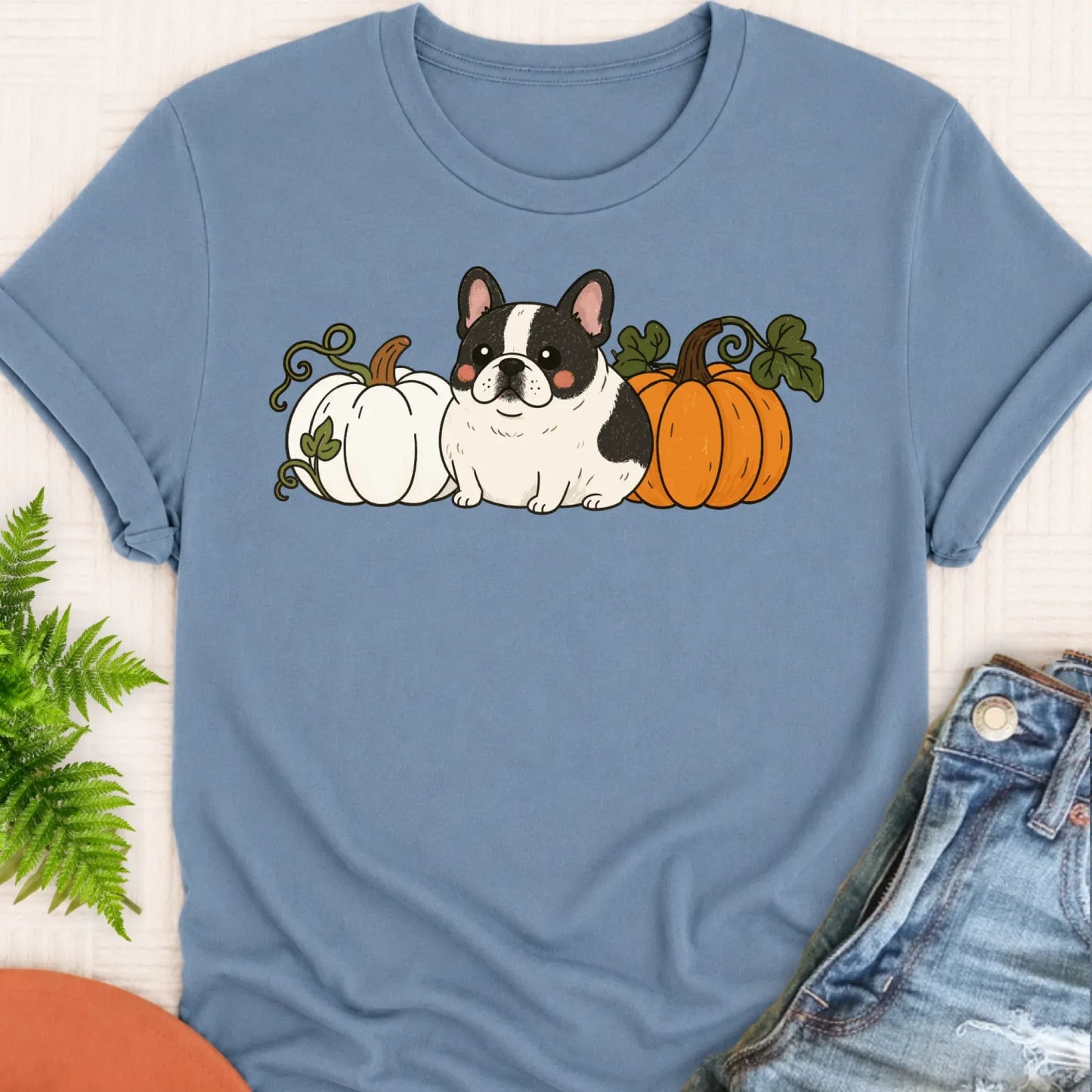 T-Shirt Blue Jean / S Custom Frenchie Bulldog Funny Pumpkin Fall Unisex Tshirt