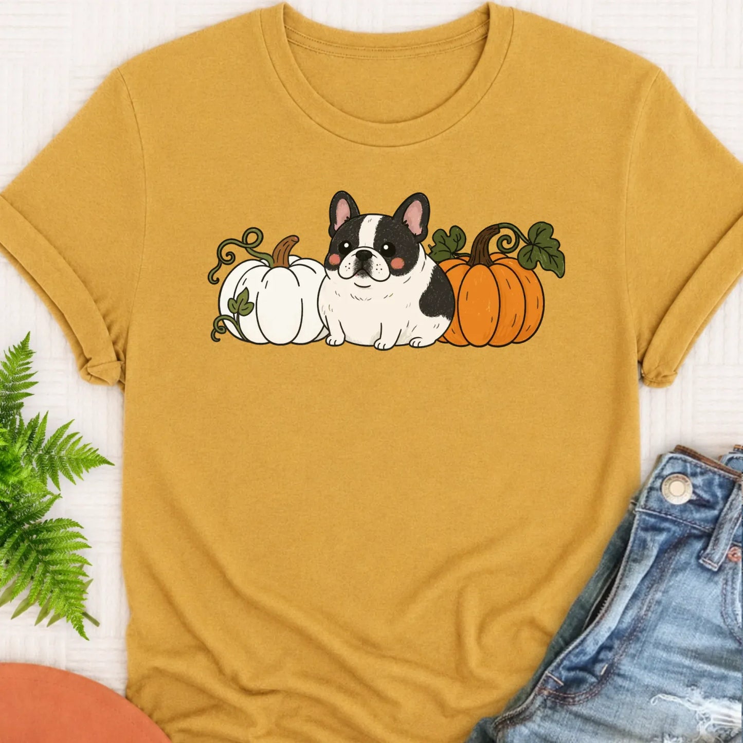 T-Shirt Mustard / S Custom Frenchie Bulldog Funny Pumpkin Fall Unisex Tshirt