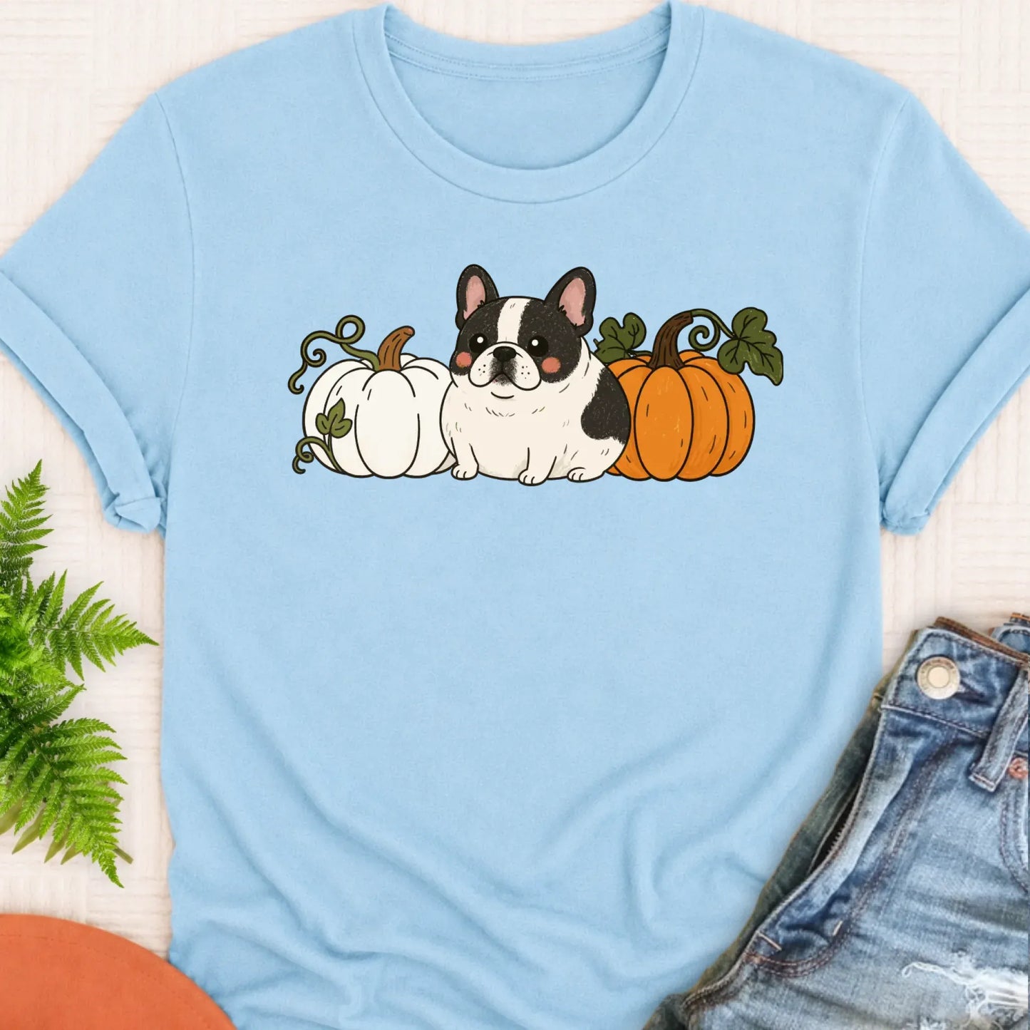 T-Shirt Chambray / S Custom Frenchie Bulldog Funny Pumpkin Fall Unisex Tshirt