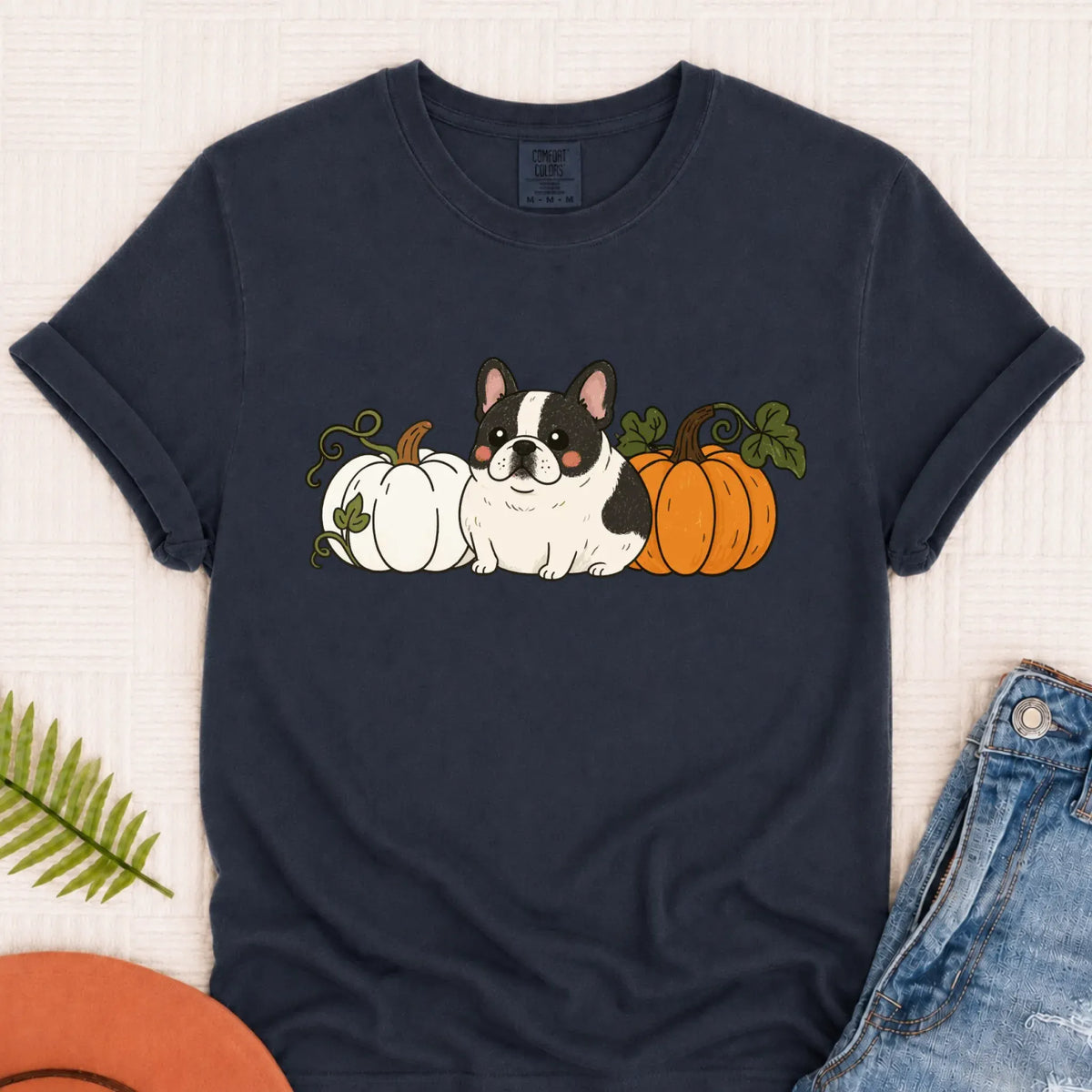 Custom Frenchie Bulldog Funny Pumpkin Fall Unisex Tshirt Pepper 3XL