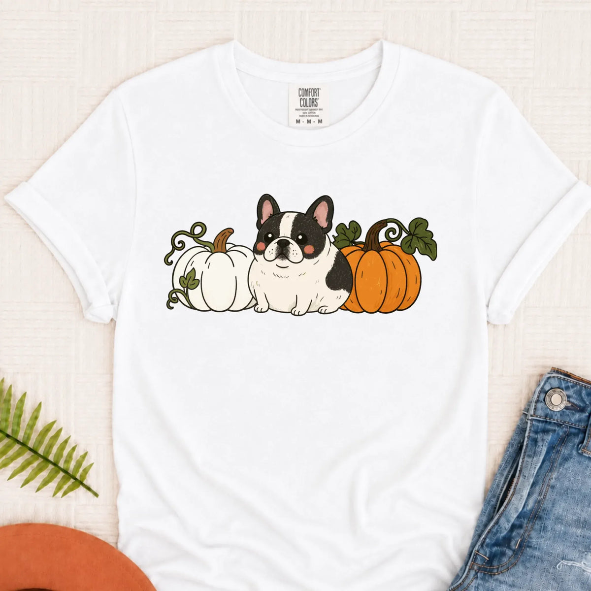 Custom Frenchie Bulldog Funny Pumpkin Fall Unisex Tshirt White