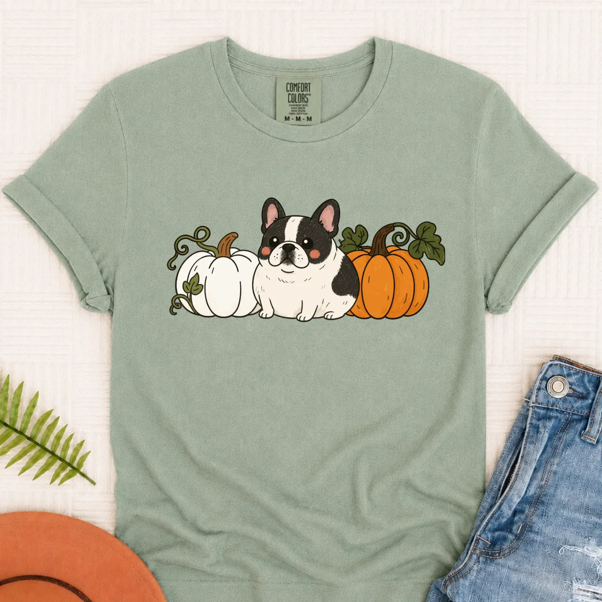 Custom Frenchie Bulldog Funny Pumpkin Fall Unisex Tshirt Bay