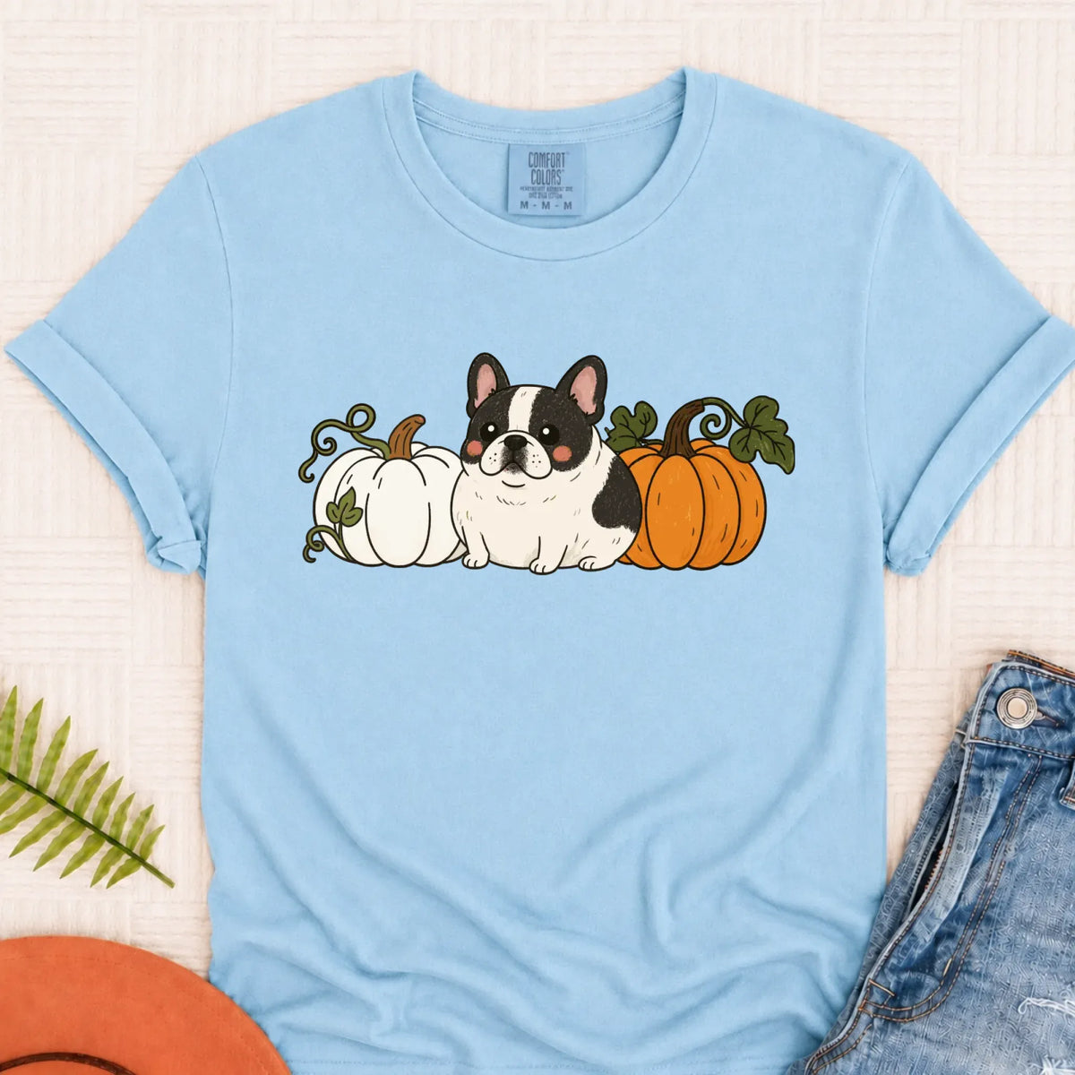 Custom Frenchie Bulldog Funny Pumpkin Fall Unisex Tshirt Chambray
