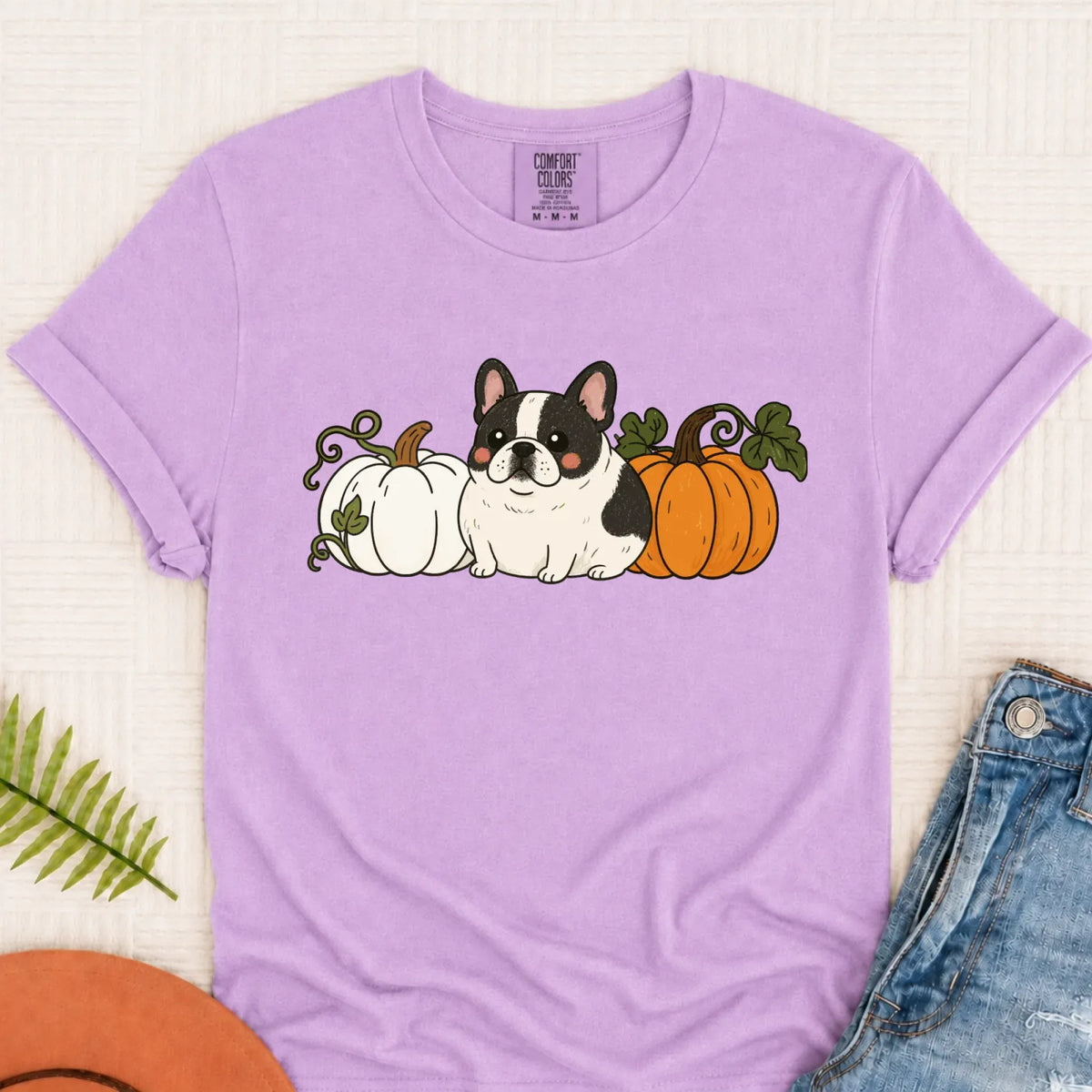 Custom Frenchie Bulldog Funny Pumpkin Fall Unisex Tshirt Orchid