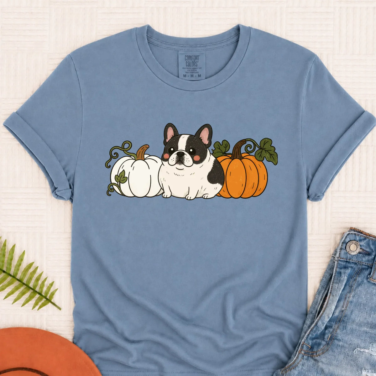 Custom Frenchie Bulldog Funny Pumpkin Fall Unisex Tshirt Blue Jean