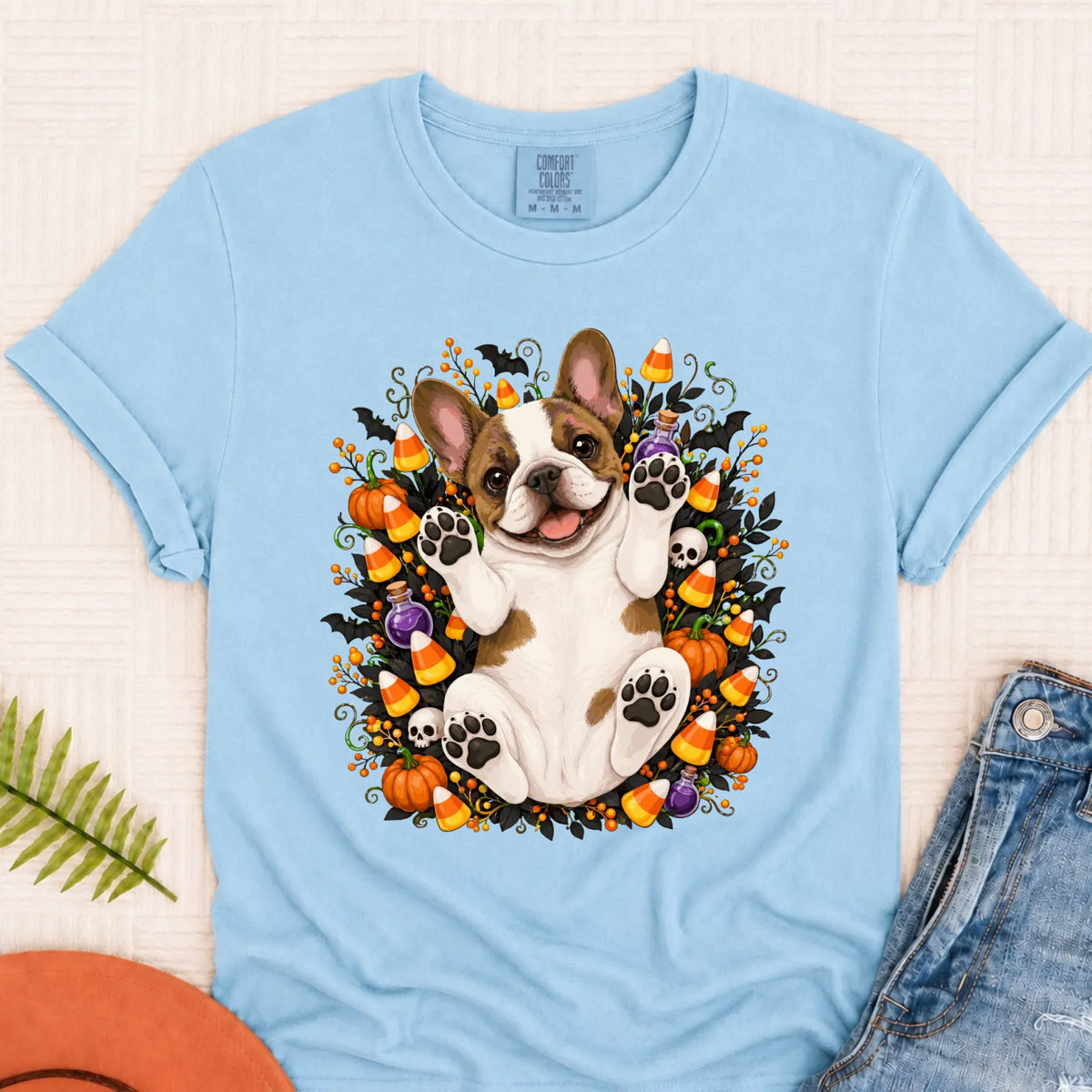 Custom Frenchie Bulldog Halloween Cute Unisex Tshirt Chambray