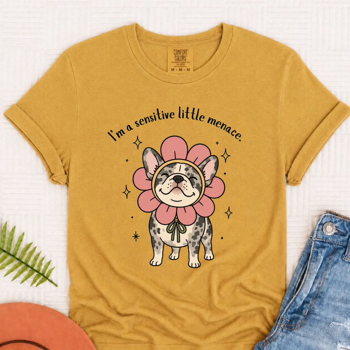 Custom Frenchie Bulldog Little Menace Unisex TShirt Mustard