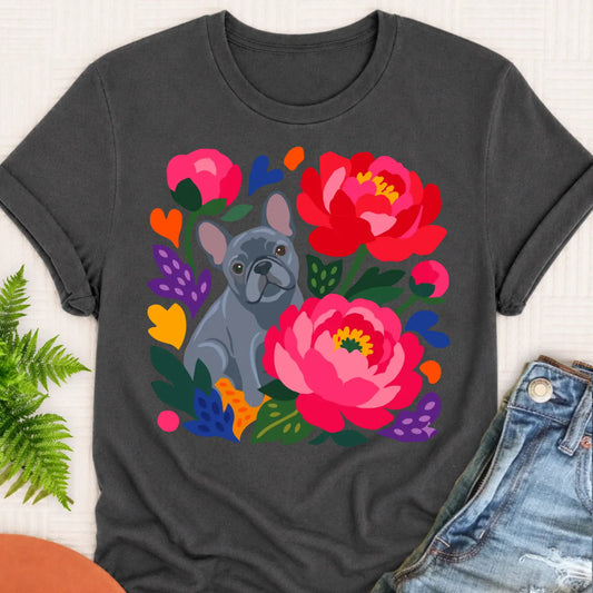 T-Shirt Pepper / S Custom Frenchie Bulldog Peonies Garden Unisex Tshirt