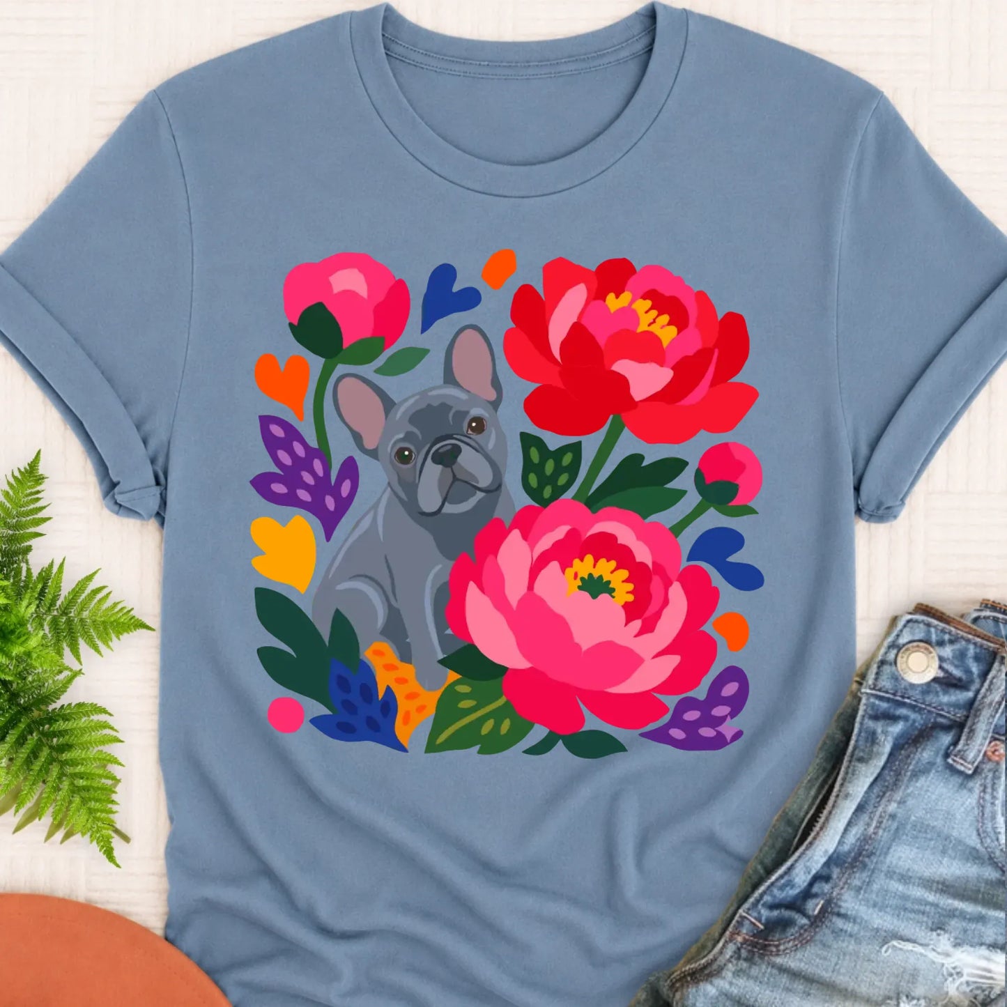 T-Shirt Blue Jean / S Custom Frenchie Bulldog Peonies Garden Unisex Tshirt