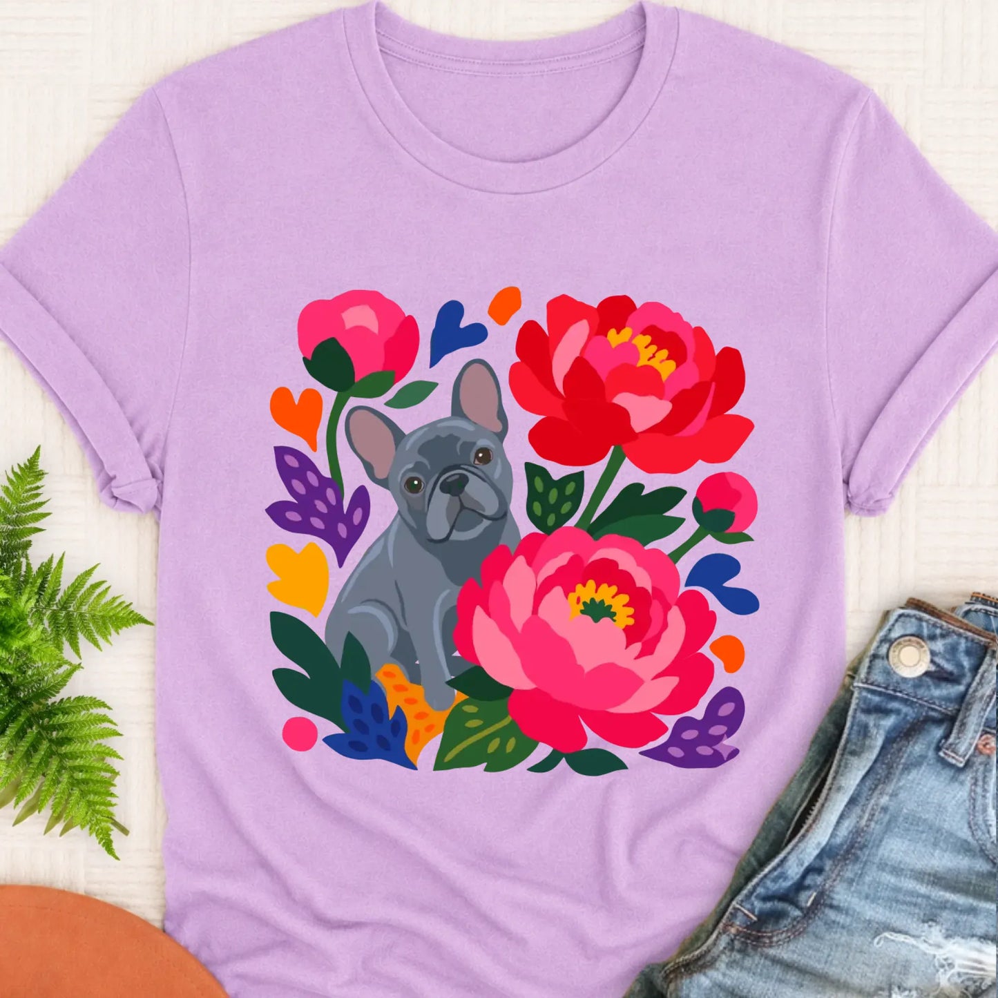 T-Shirt Orchid / S Custom Frenchie Bulldog Peonies Garden Unisex Tshirt