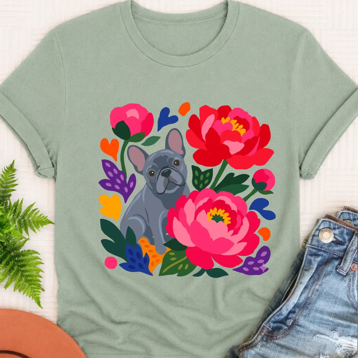 T-Shirt Bay / S Custom Frenchie Bulldog Peonies Garden Unisex Tshirt
