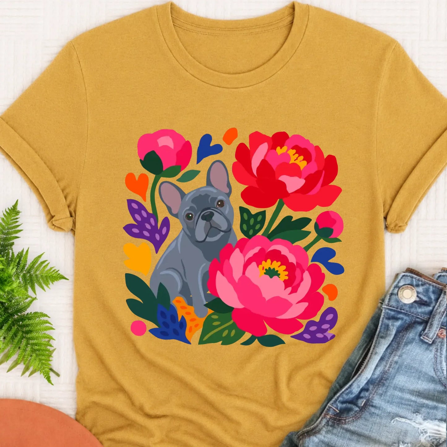 T-Shirt Mustard / S Custom Frenchie Bulldog Peonies Garden Unisex Tshirt