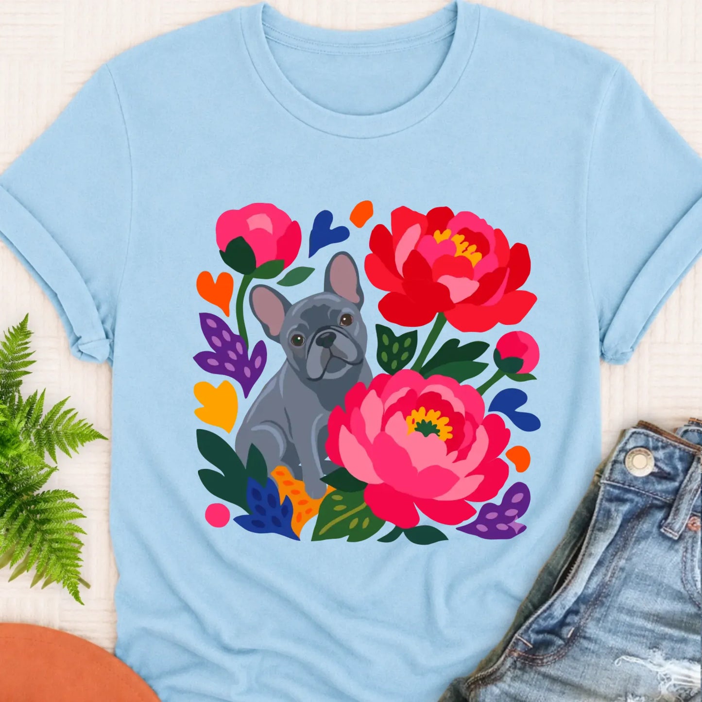 T-Shirt Chambray / S Custom Frenchie Bulldog Peonies Garden Unisex Tshirt