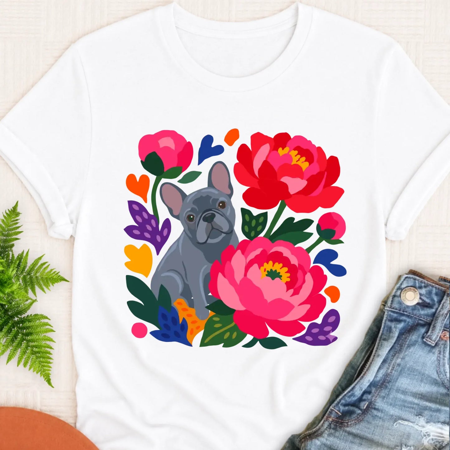 T-Shirt White / S Custom Frenchie Bulldog Peonies Garden Unisex Tshirt