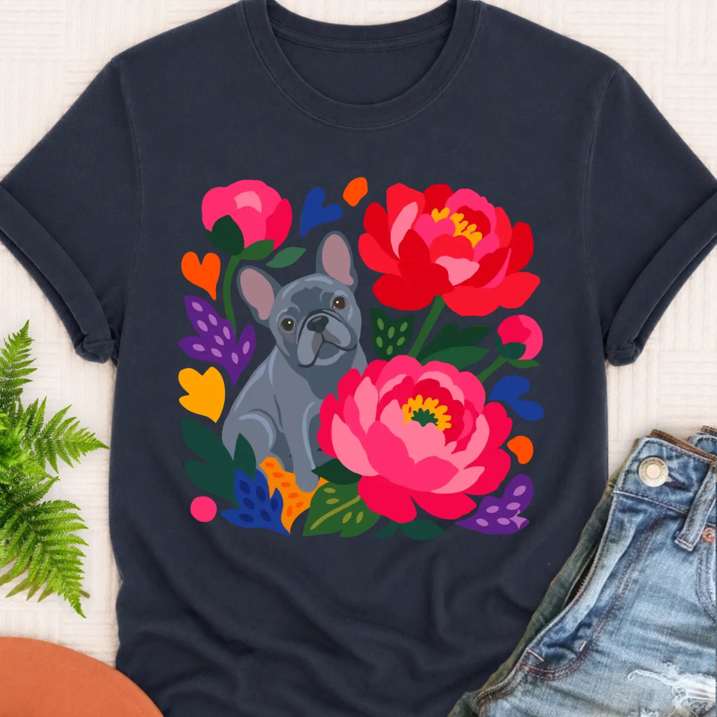 T-Shirt Navy / S Custom Frenchie Bulldog Peonies Garden Unisex Tshirt