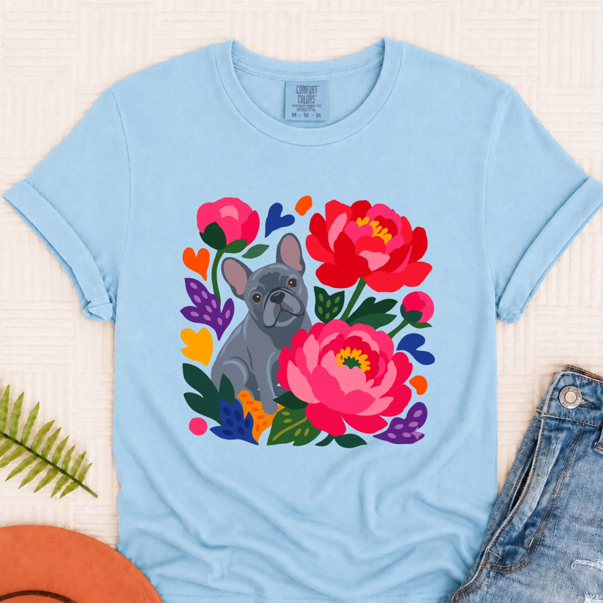 Custom Frenchie Bulldog Peonies Garden Unisex Tshirt Chambray