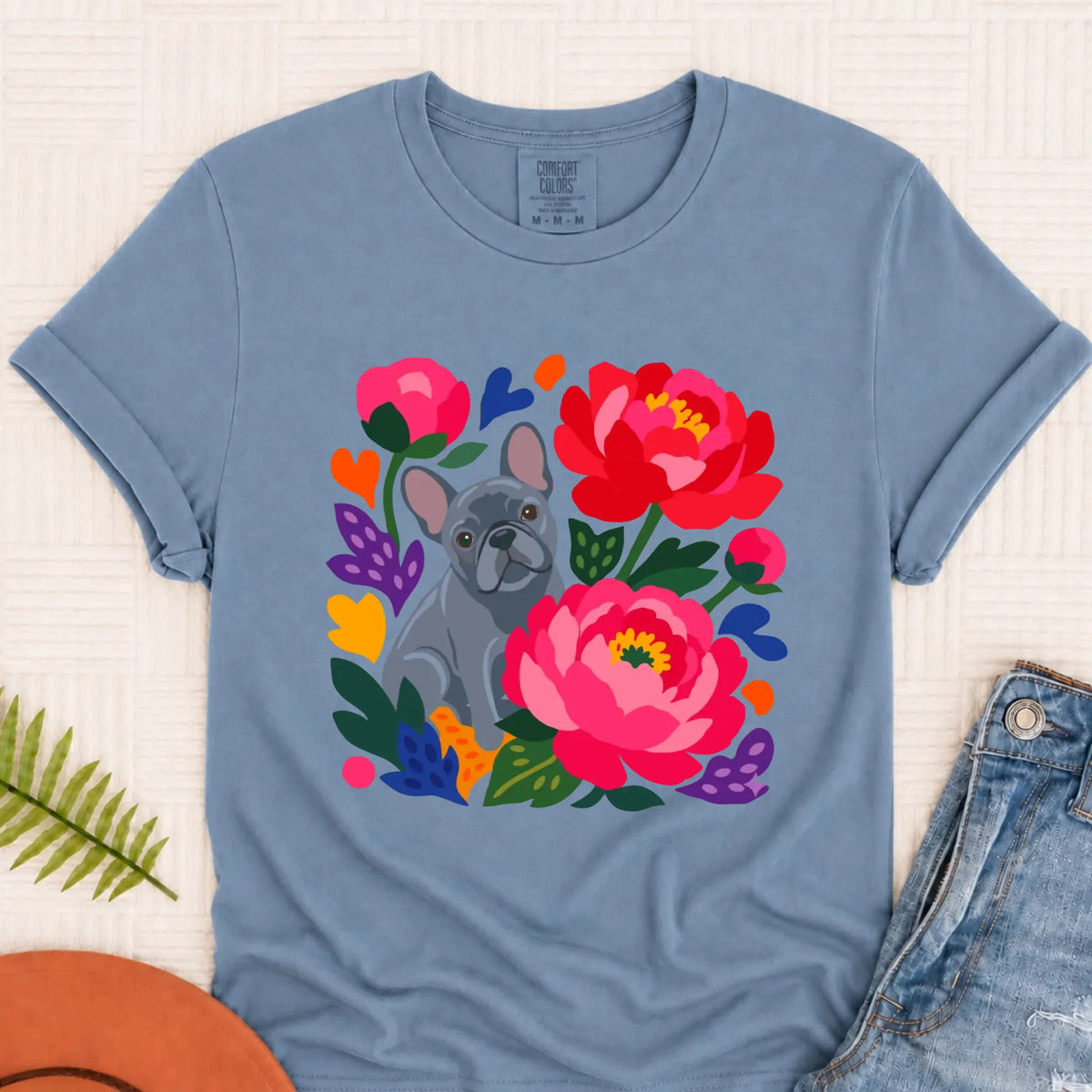 Custom Frenchie Bulldog Peonies Garden Unisex Tshirt Blue Jean