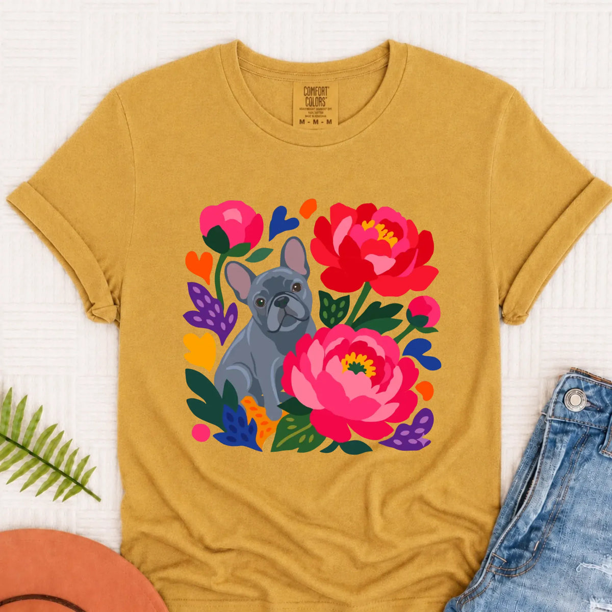 Custom Frenchie Bulldog Peonies Garden Unisex Tshirt Mustard