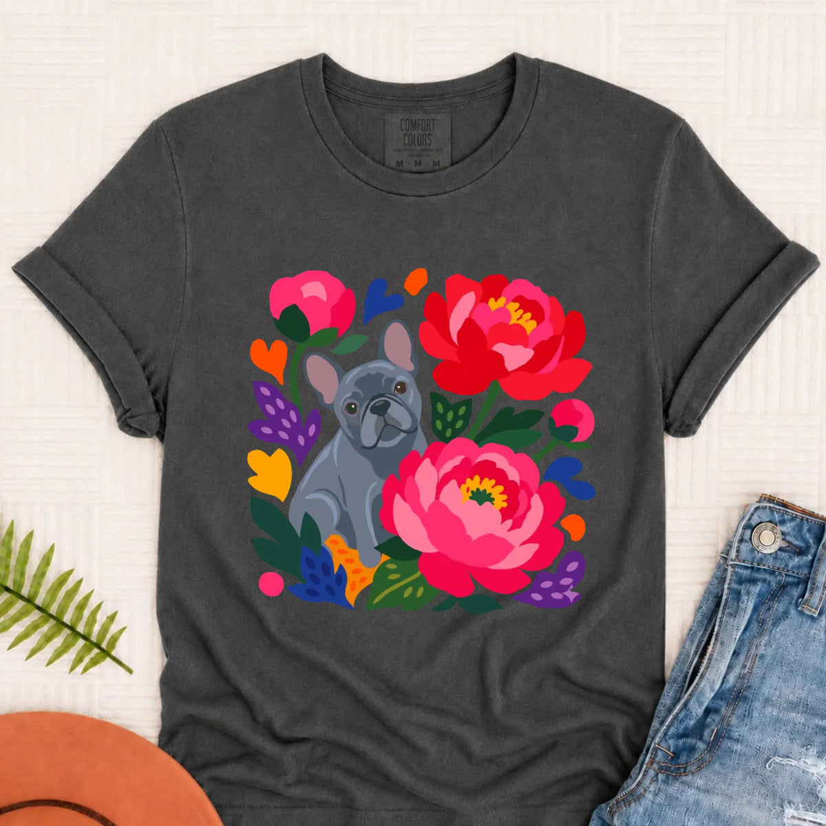 Custom Frenchie Bulldog Peonies Garden Unisex Tshirt Pepper