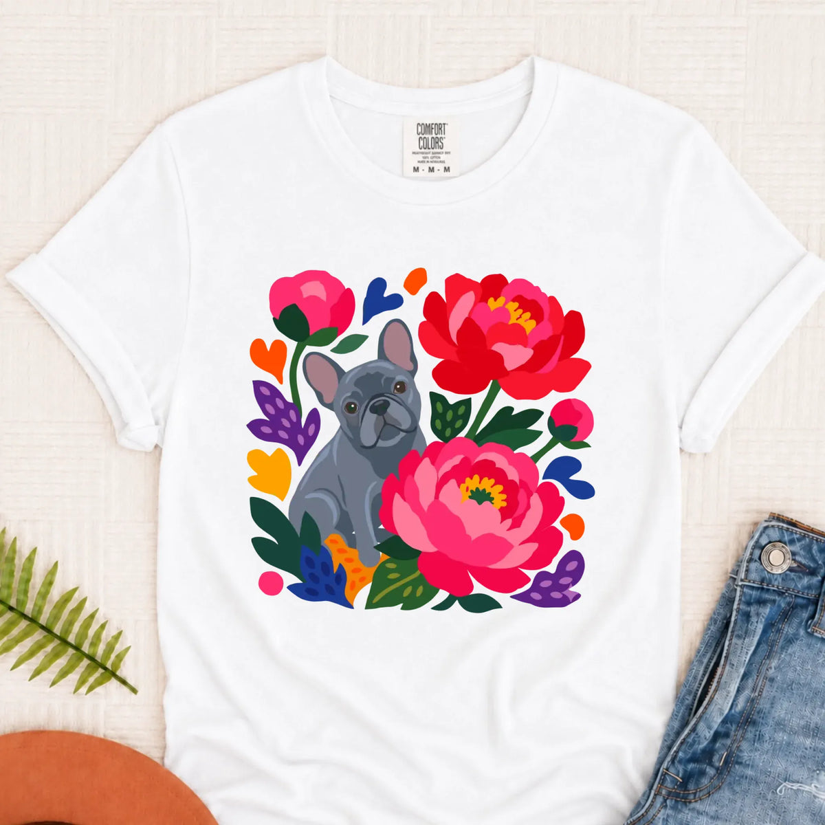Custom Frenchie Bulldog Peonies Garden Unisex Tshirt White