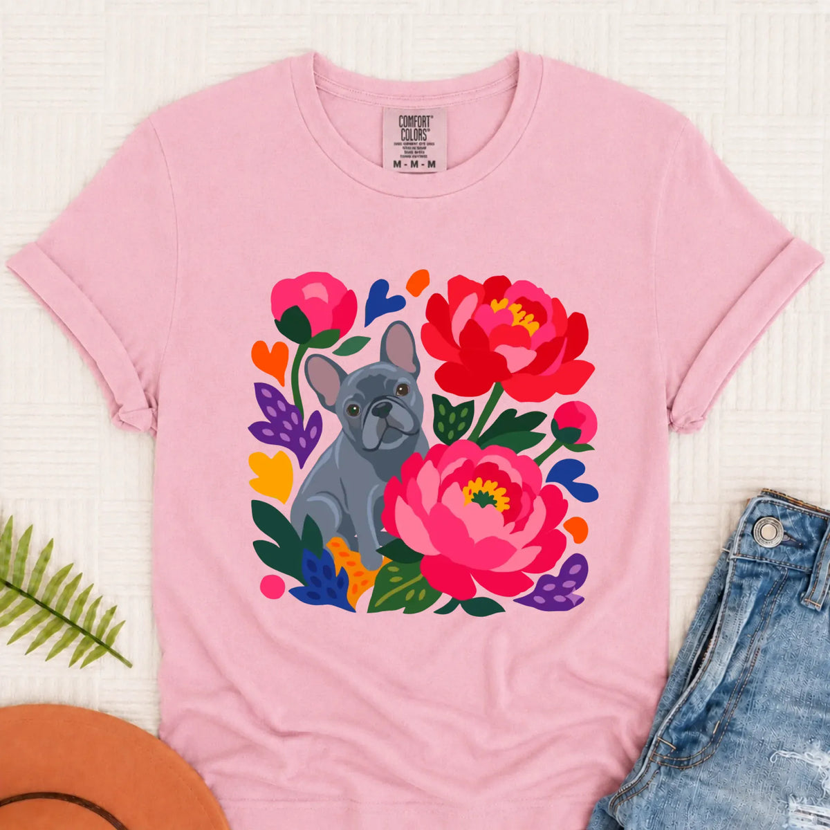 Custom Frenchie Bulldog Peonies Garden Unisex Tshirt Blossom