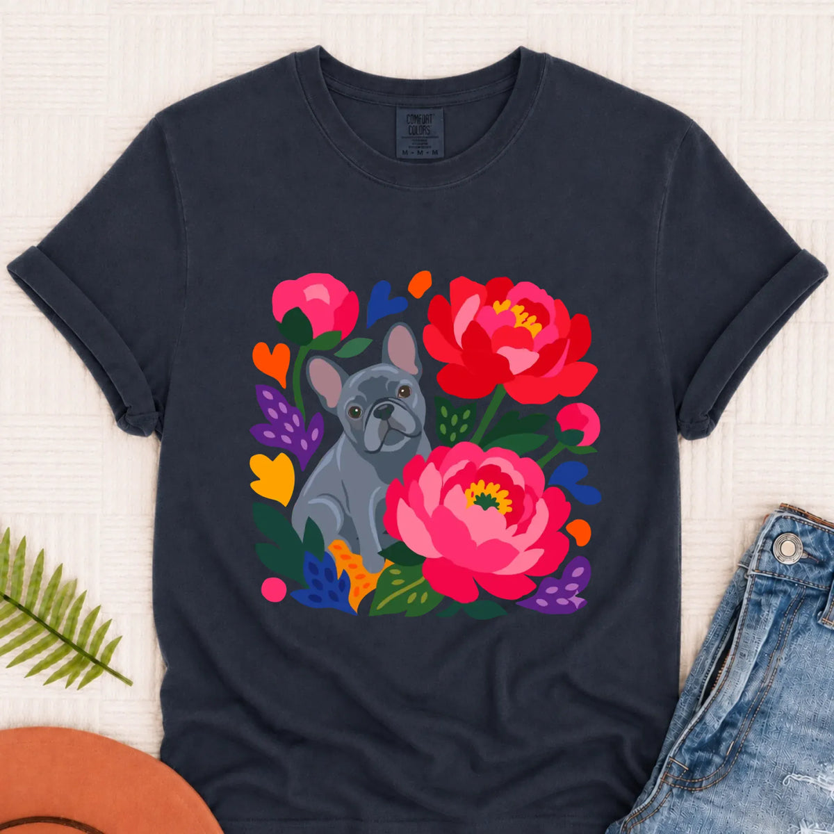 Custom Frenchie Bulldog Peonies Garden Unisex Tshirt Pepper 3XL